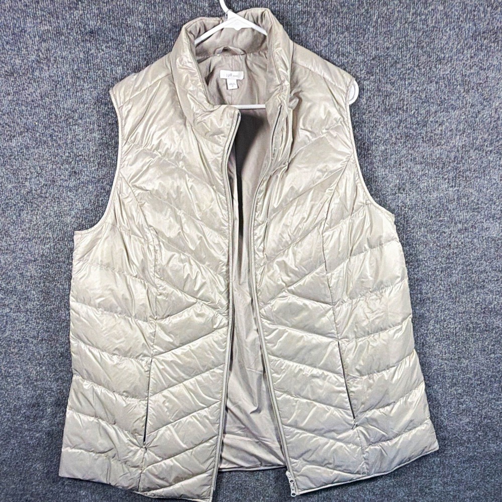 Womens 2X Puffer Vest, J. Jill, Champagne, Chevron Quilted Down Zip Side Vents